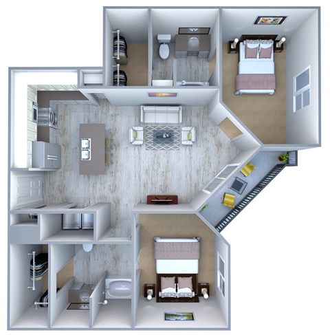 Floor plan for 2 beds, 2 baths, 1197 sqft